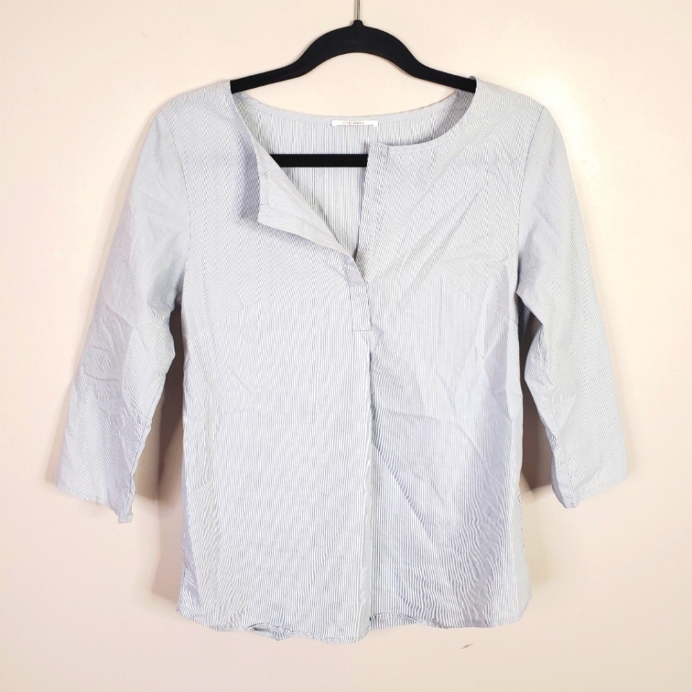 Chattawak Designer Pinstriped Cotton Coastal Preppy Quiet Luxury Blouse 0